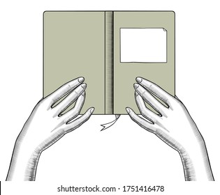 A woman reads a book. Women's hands hold a book. Education, literature. The old engraving is stylized as a drawing. Vector illustration
