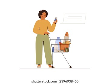 Woman reads food labels in the grocery shop. Girl buys products in supermarket. Female with full cart of healthy eat goods bread, eggs, milk, vegetables and fruits. Mindfulness shopping. Vector