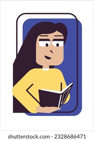 The woman reads at her leisure. Search for the required information. Pesonage in flat geometric style. Knowledge, learning and education concept design. Hobby of an inquisitive person.