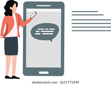 A mulher lê uma mensagem no seu telefone celular, a sua expressão pensativa, mas engajada, à medida que absorve o conteúdo apresentado na tela.