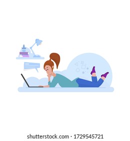 A woman reads the news on a laptop while lying on a cloud.