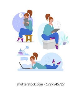 A woman reads the news on a laptop while lying on a cloud.