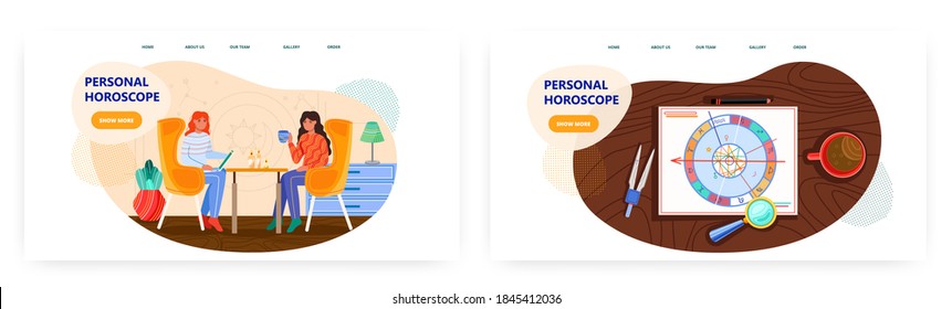 Woman reads zodiac signs and make personal horoscope for customer. Horoscope reading and astrology vector concept illustration. Zodiac symbols wheel. Web site design template