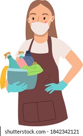Woman is ready for cleaning holds a bucket of cleaning supplies with a face mask to protect against the virus isolated on white background.Vector hand drawn illustration. Cartoon style, flat design.