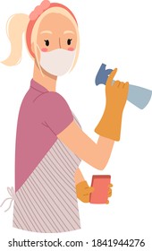 Woman is ready for cleaning holds cleaner and sponge with a face mask to protect against the virus isolated on white background.Vector hand drawn illustration. Cartoon style, flat design.