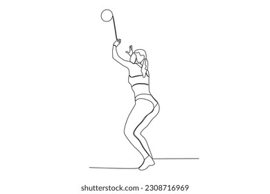 A woman ready to jump to catch the ball. Beach volleyball one-line drawing