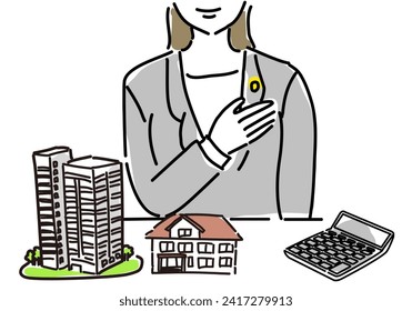 woman real estate appraiser hand on his chest hand drawing illustration