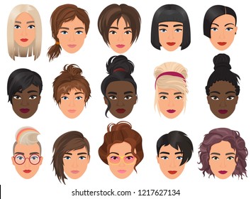 Woman realistic detailed avatar set vector illustration. Beautiful young girls female portrait with different hair style isolated.