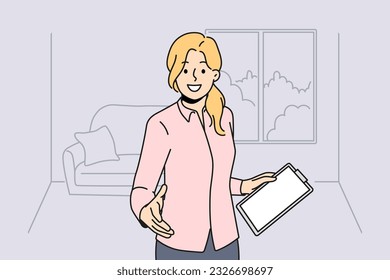 Woman realtor greets you by shaking hands and showing client apartment for mortgage loan. Girl realtor or real estate agent with clipboard friendly invites those who want to rent house in good area