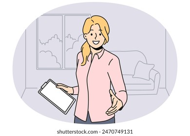 Woman realtor greets you by shaking hands and showing client apartment for mortgage loan. Girl realtor or real estate agent with clipboard friendly invites those who want to rent house in good area