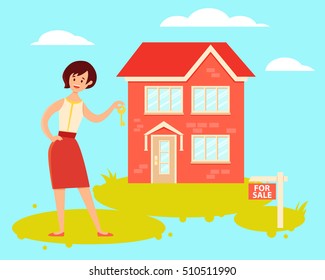 Woman realtor holding house key. Vector illustration