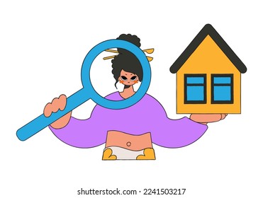 A woman realtor is holding a house and a magnifying glass. House ownership.
