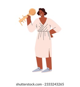 Woman realtor holding a huge key in her hand. Advertising deal sale, property purchase, real estate agency, mortgage loan, buy a home. Modern flat vector illustration housing deal on white background