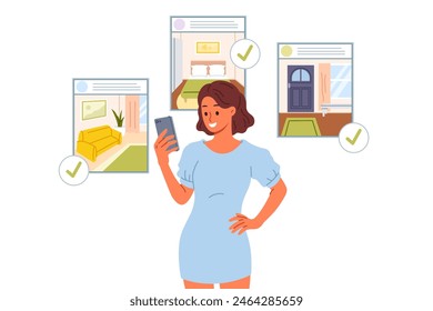 Woman realtor posts advertisements for sale of apartments on internet, uses mobile phone with application for real estate agents. Girl books house or hotel room on realtor website.