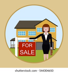 Woman realtor shows a house for sale. Buy apartment. Sale housing, Real estate broker, cottage for sale.
