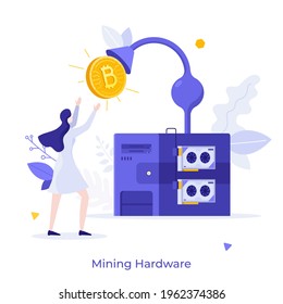 Woman reaping golden Bitcoin growing out of computer unit, rig or machine. Concept of profit from cryptocurrency mining farm, hardware or equipment. Modern flat colorful vector illustration for poster