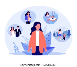 Woman Recalling Her Happy Life Events. Wedding, Child Raising, Motherhood. Flat Vector Illustration. Life Memory, Family, Fatherhood Concept For Banner, Website Design Or Landing Web Page