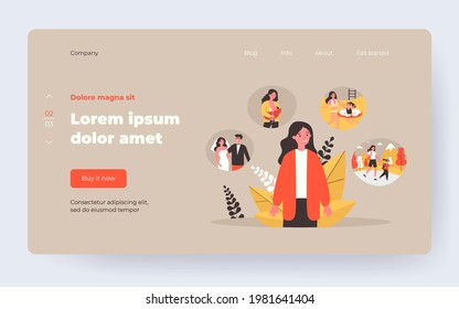 Woman recalling her happy life events. Wedding, child raising, motherhood. Flat vector illustration. Life memory, family, fatherhood concept for banner, website design or landing web page