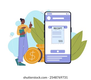 Woman with receipt in phone. Young girl with check on smartphone screen. Online shopping and electronic commerce, digital payment. Flat vector illustration isolated on white background
