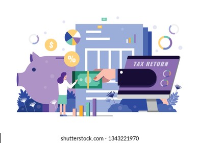 Woman Receive Tax Return Form Hand On Computer Desktop. Piggy Bank And Tax Documents In Background. Tax Online Platforms Concept. Flat Design Element. Vector Illustration.