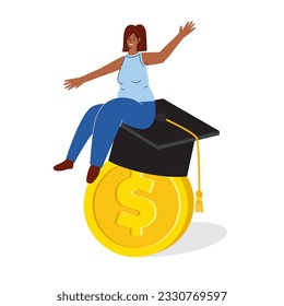 Woman received her higher education. Cost of education. Success of qualified professionals. Woman sitting on mortarboard graduation cap and dollar coin. Paying for college, university, graduation