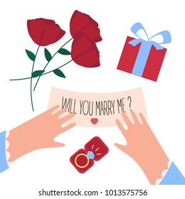 Woman received will you marry me note and engagement diamond ring in a box on valentine. Red roses, female hands, jewelry gift and letter on white background. Vector illustration
