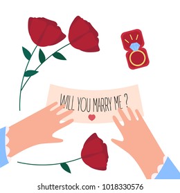 Woman received will you marry me note and engagement diamond ring in a box on valentine. Red roses, female hands, jewelry gift and letter on white background. Vector illustration