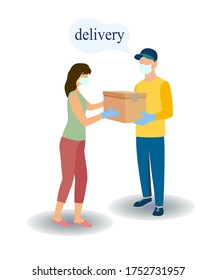 woman receives delivery, delivery service concept, men delivers an order, online ordering goods, order tracking, delivery home and office. courier, deliveryman in respiratory mask. Vector illustration