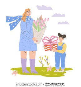 Woman receives flowers and gift from a child, a flat vector illustration on a white background. Mother's Day, Valentine's Day, Women's Day 8 March. Young girl presents a gift to her mother.