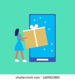 Woman receives a gift box from a giant smartphone. Online gifts ordering and delivery service
