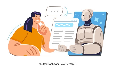 Woman receives information using artificial intelligence. Virtual robot assistant online. Digital technologies