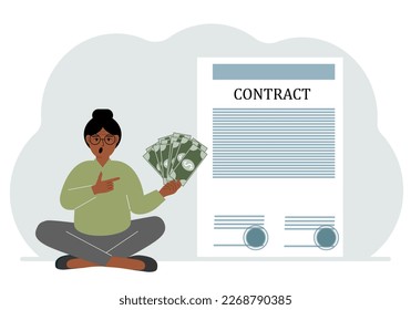 A woman receives money for a deal. Next to it is a large contract with seals. The concept of a financial agreement, signing a contract or a deal. Vector flat illustration