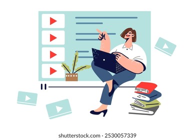 Woman receives online education by watching video lessons on laptop and sitting near books to study additional information. Woman conducts webinar for those wishing to receive in-demand education.