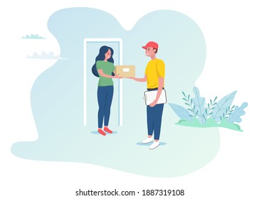 Woman receives the parcel from online shop. Courier delivers the parcel. Fast shipping at home. Vector editable illustration. 