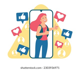 Woman receives and puts likes and hearts on social network. Happy girl on smartphone screen, thumbs up and heart icons, blogger or influencer cartoon flat style isolated