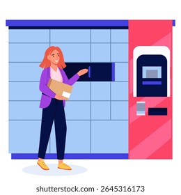 A mulher recebe ou envia encomendas no armário de encomendas. Ilustração de desenho animado plano vetorial. Mulher com caixa postal perto do armário inteligente. Entrega sem contato e escolha o conceito de autoatendimento
