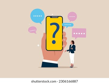 Woman receiving answers. Ask Questions and receive Answers. Online Support center. Flat vector illustration