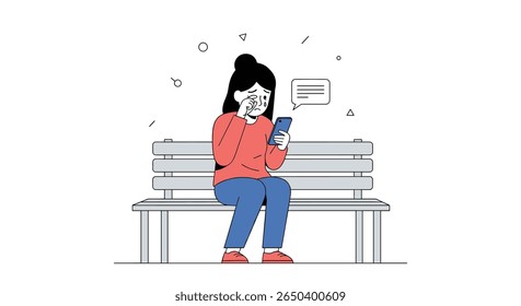 Woman receiving bad news through text message while sitting on a park bench feeling upset