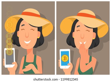 woman receiving bitcoins on her wallet character illustration