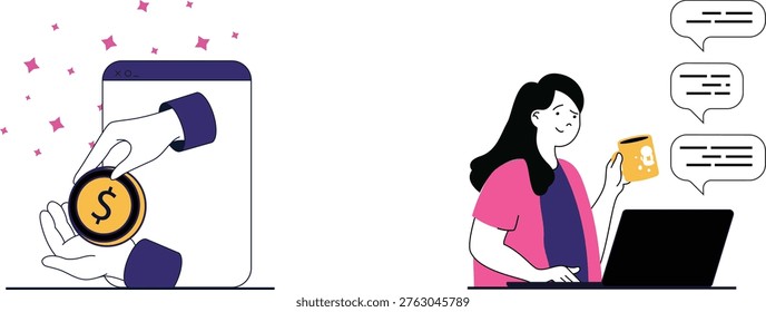 A woman receiving digital payment while chatting online with a mobile app showing money transfer icon