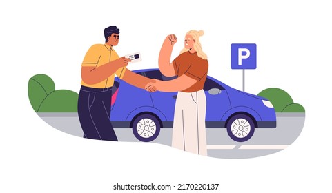 Woman receiving driver license. Happy excited person getting driving ID card, permit document from car instructor in auto school. Flat vector illustration isolated on white background