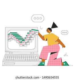 Woman receiving error notification on her computer. Office routine concept illustration. Flat vector design.