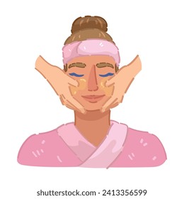 Woman receiving face massage on white background