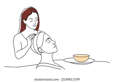 Woman receiving a facial treatment at a serene spa setting isolated continuous line art flat vector illustration on white background