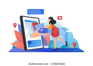 Woman receiving a gift box from smartphone. online shopping concept illustration.