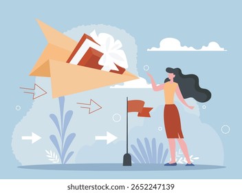Mulher recebendo um presente entregue por um avião de papel voador com fita, estilo de desenho animado em fundo abstrato azul. Conceito de entrega rápida e surpresa. Ilustração vetorial