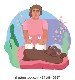 Woman receiving hot massage with herbal stamps in spa salon