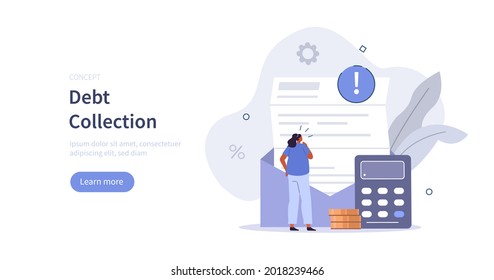 Woman receiving letter with overdue bill from collection agency and feeling worried. Character having financial problems, debts and loans. Flat cartoon vector illustration.