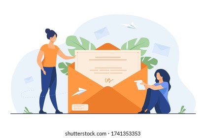 Woman Receiving Mail And Reading Letter. Person Getting Contract With Signature Out Of Envelope. Flat Vector Illustration For Email, Message, Communication Concept