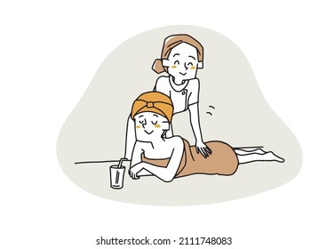 

A woman receiving a massage at an esthetic salon, a comical handwritten person, a vector, and simple coloring of line drawings.